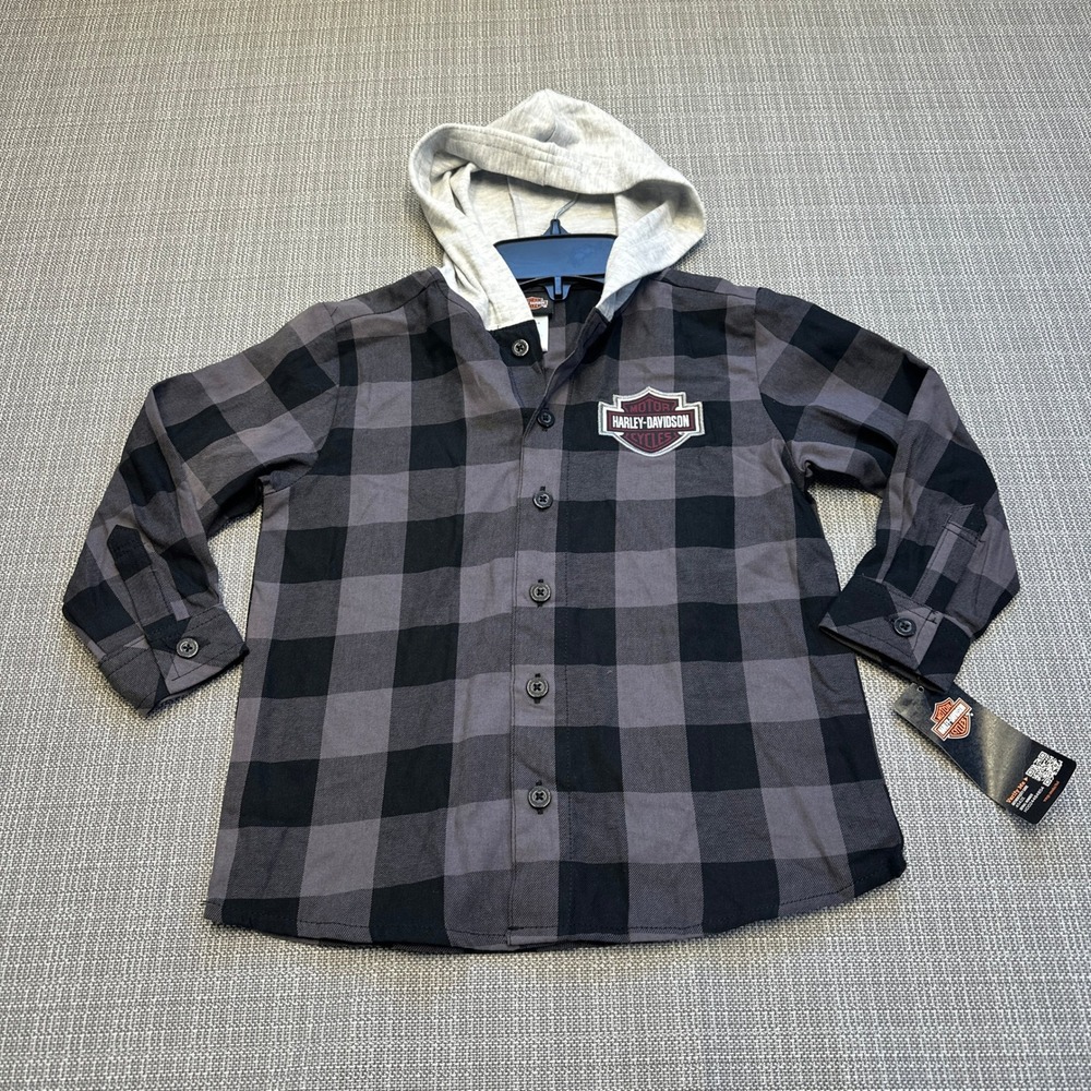 New Harley-Davidson Kids Hooded Flannel Shirt Size 4/5 Gray Black Buffalo Plaid